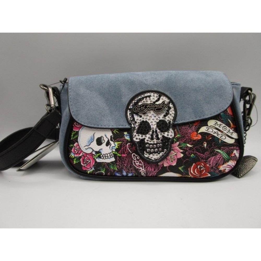 Ed Hardy Skull Rose Tattoo Print Crossbody Bag Blue Vegan Suede Rhinestone